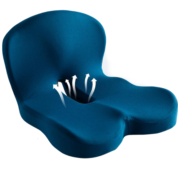Blue seat cushion with a white background