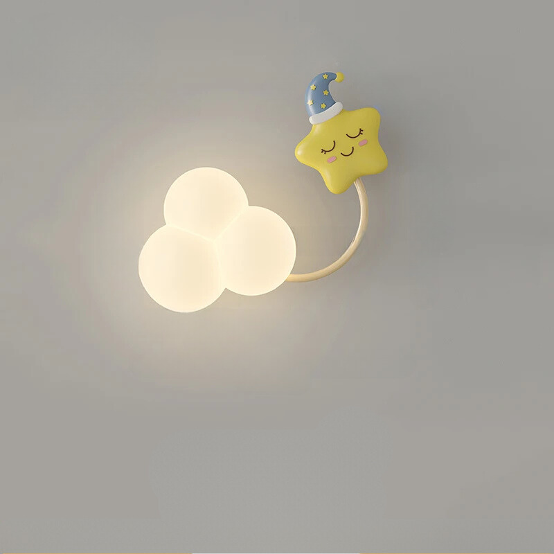 Children's wall lamp with star and cloud design on a gray background