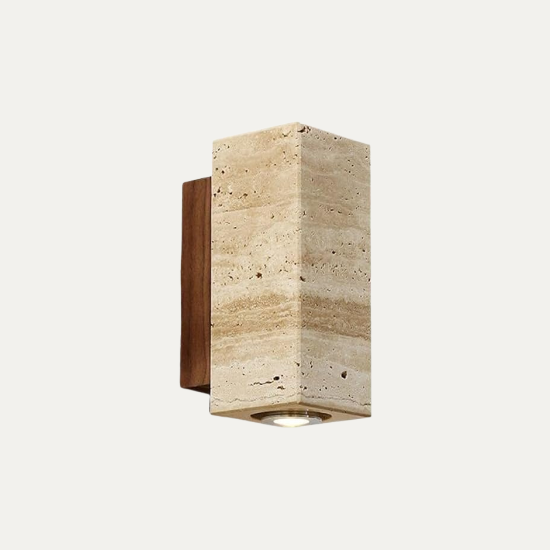 Square wall light fixture with stone-like texture on a white background