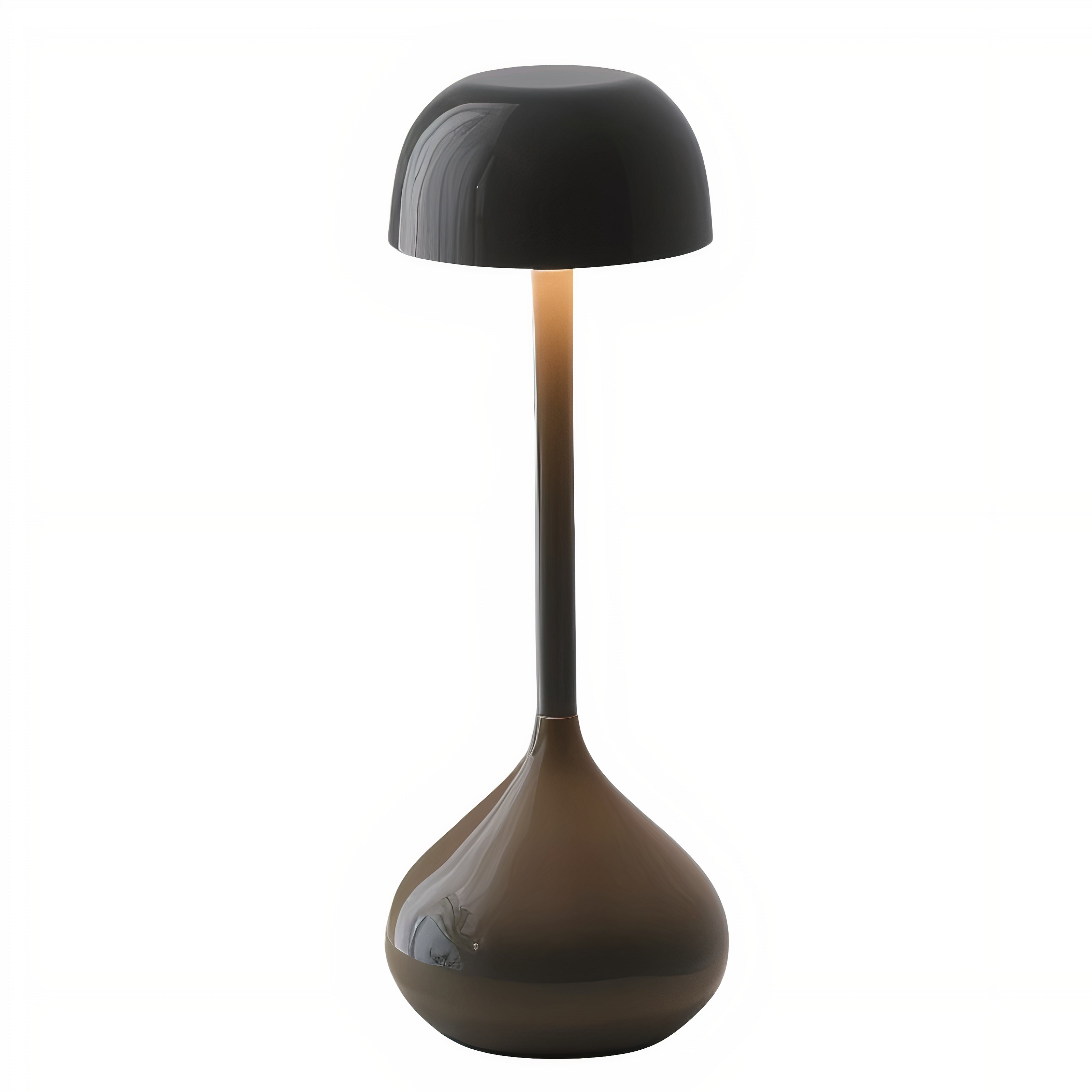 Modern table lamp with black shade and brown base on a white background