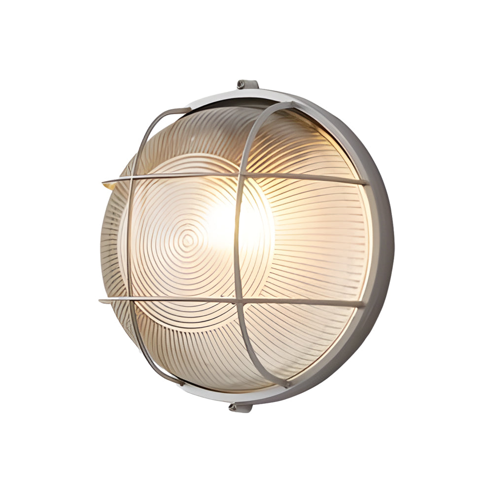 Round wall light fixture with metallic cage on a white background