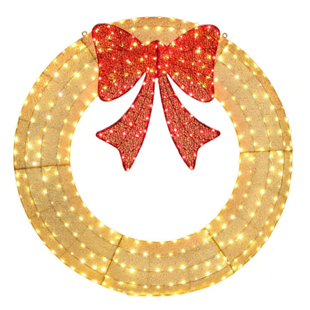Decorative wreath with red bow and string lights on a white background