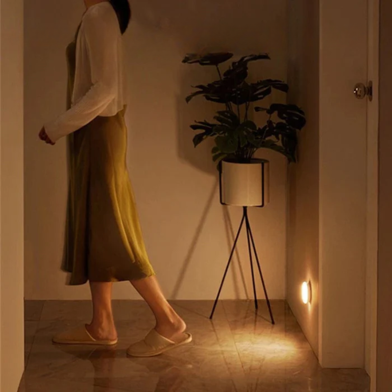 Person standing in a dimly lit room with a plant on a stand and a light fixture.