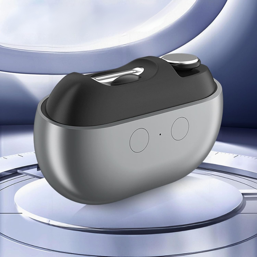 Black and gray wireless earbuds in a charging case on a reflective surface with a blurred background