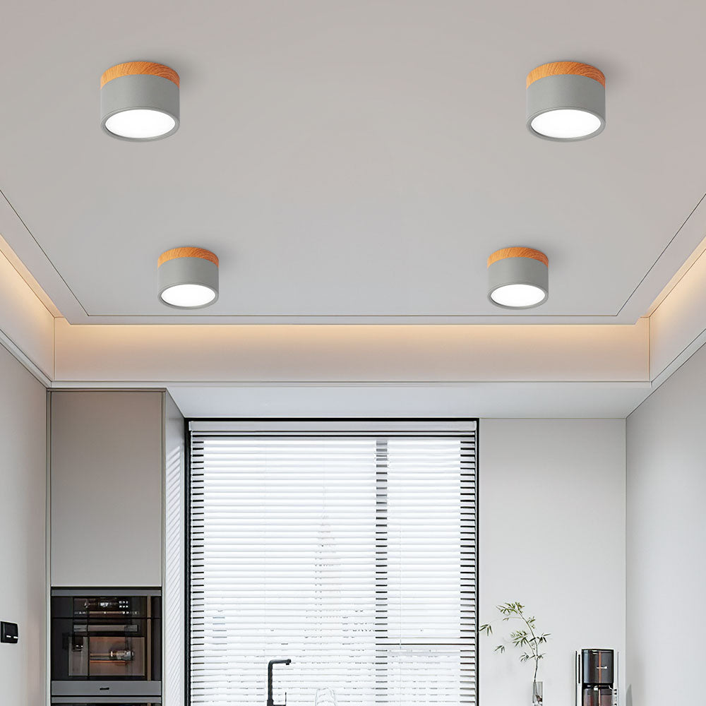 Modern ceiling lights in a room with a window and kitchen area.