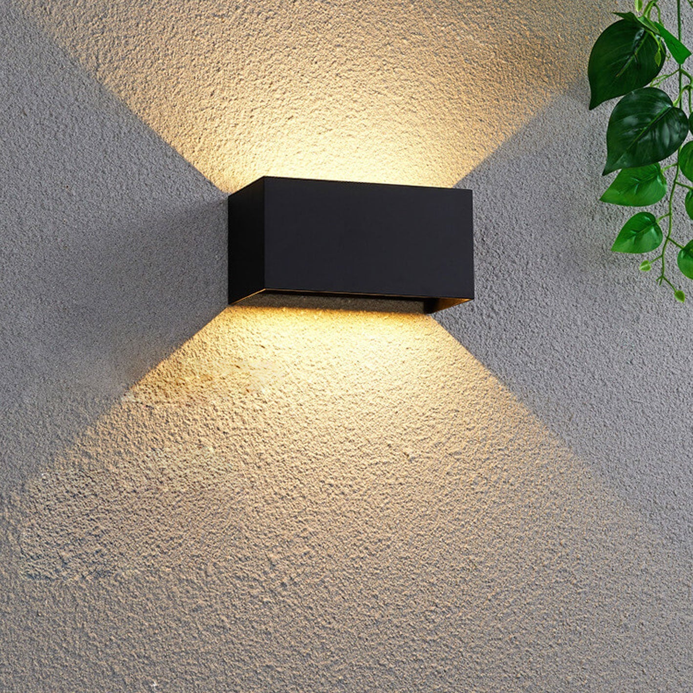 Black wall-mounted outdoor light fixture on a textured wall with a plant in the corner.