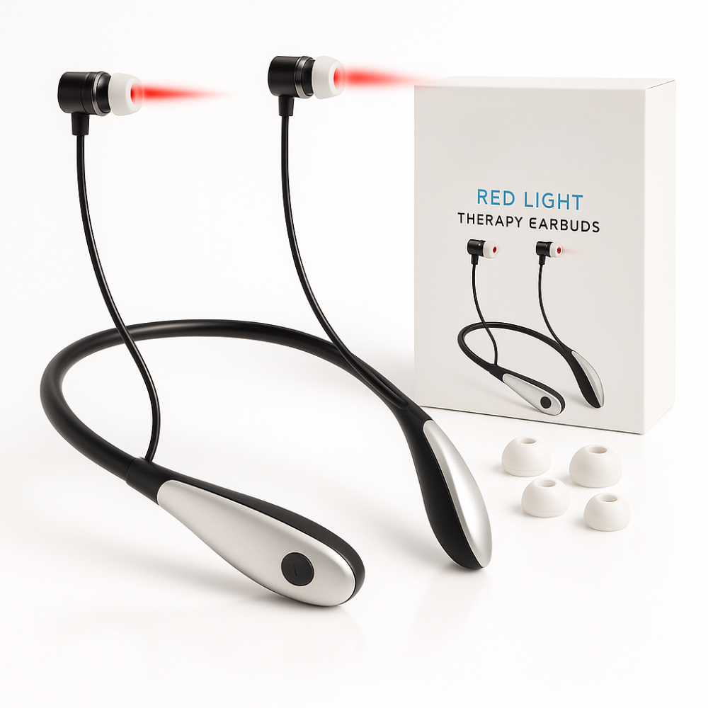 Red light therapy earbuds with packaging and earbud tips on a white background