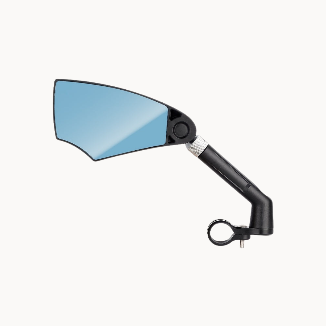 Bicycle mirror with blue reflective surface on a white background