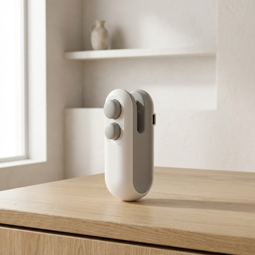 White handheld device on a wooden surface with a neutral background