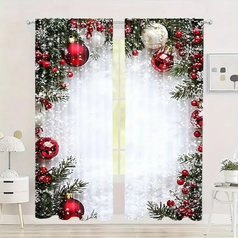 Decorative window curtain with Christmas theme featuring red ornaments and greenery.