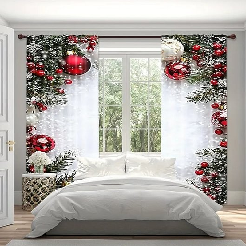 Decorative Christmas-themed curtains with red ornaments and snowflakes in a bedroom setting.