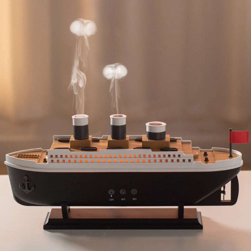 Model of a ship with smokestacks and a red flag on a neutral background