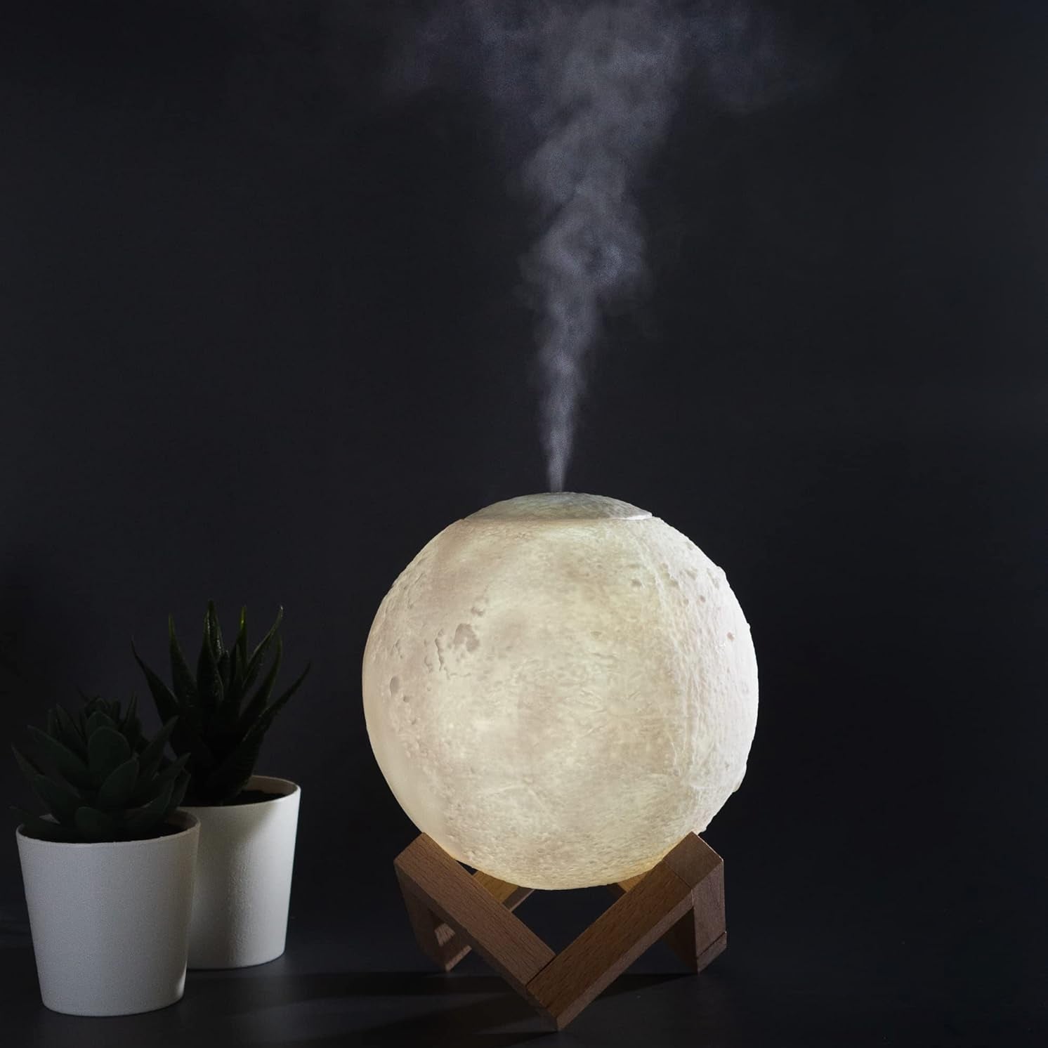 Moon-shaped humidifier emitting mist with two potted plants in the background on a dark surface.