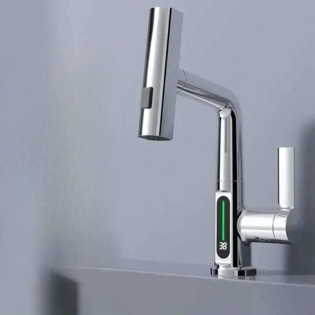 Modern kitchen faucet with digital display on a gray background