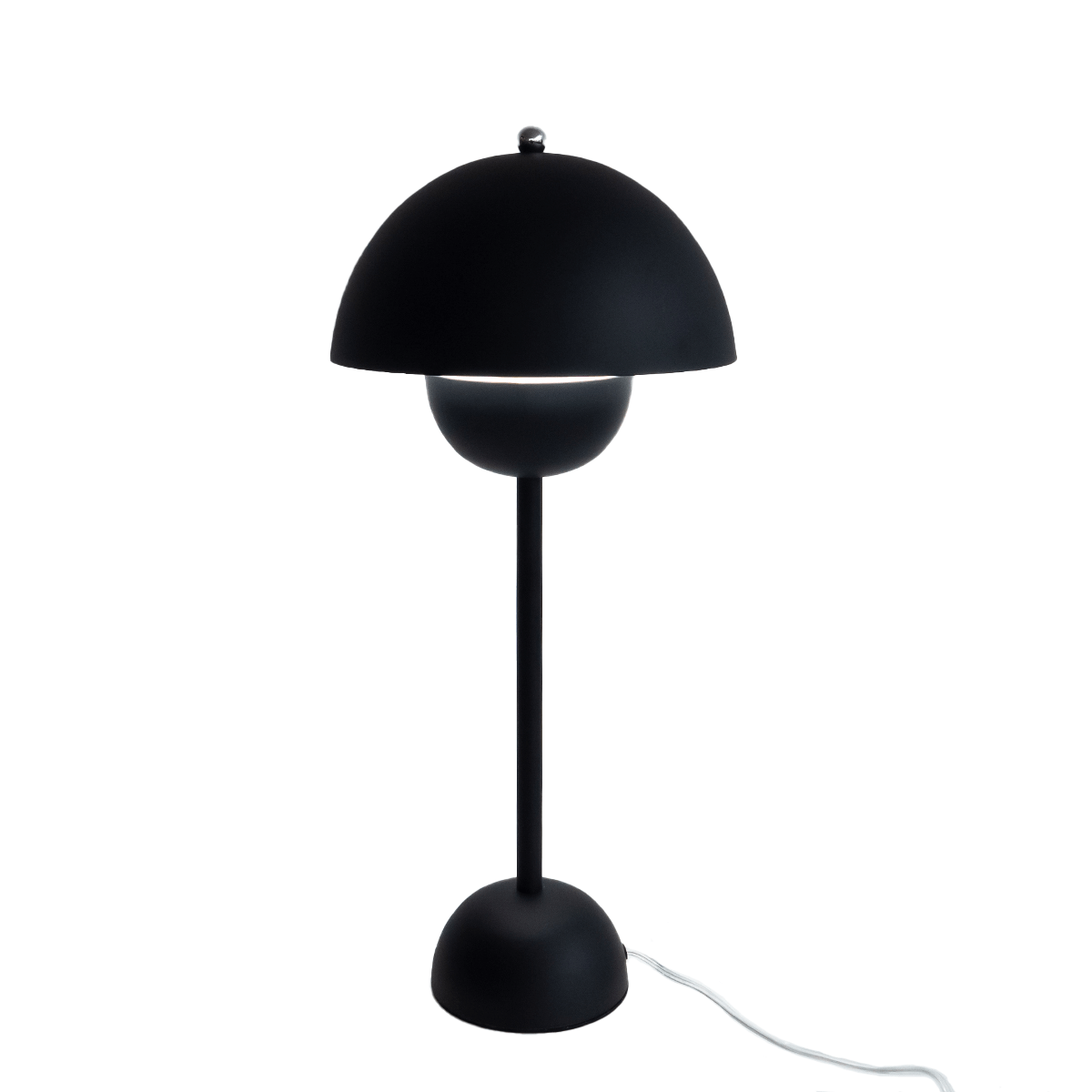 Black table lamp with a unique design on a white background