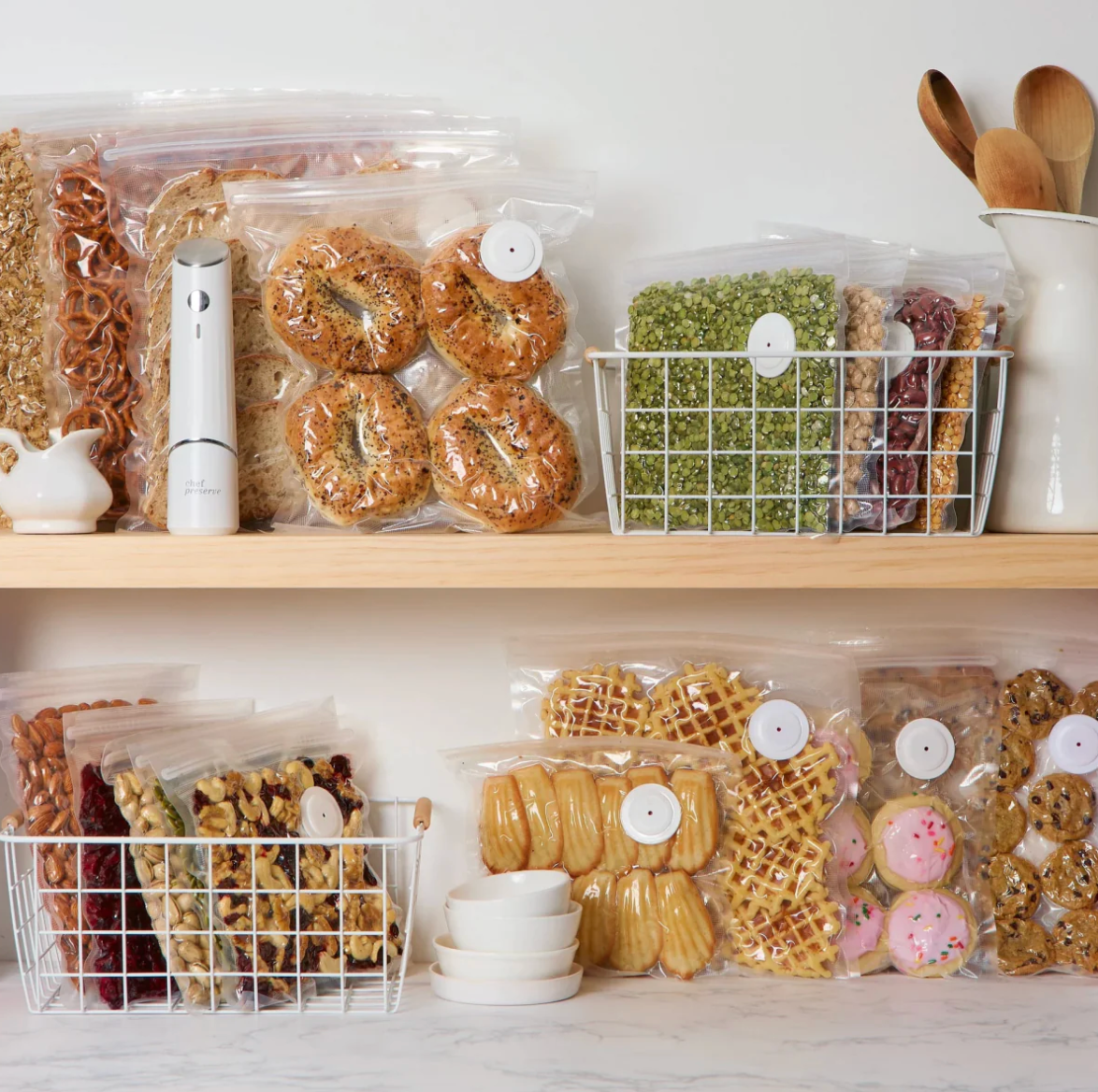 Shelves with various packaged food items and kitchen utensils on a white background