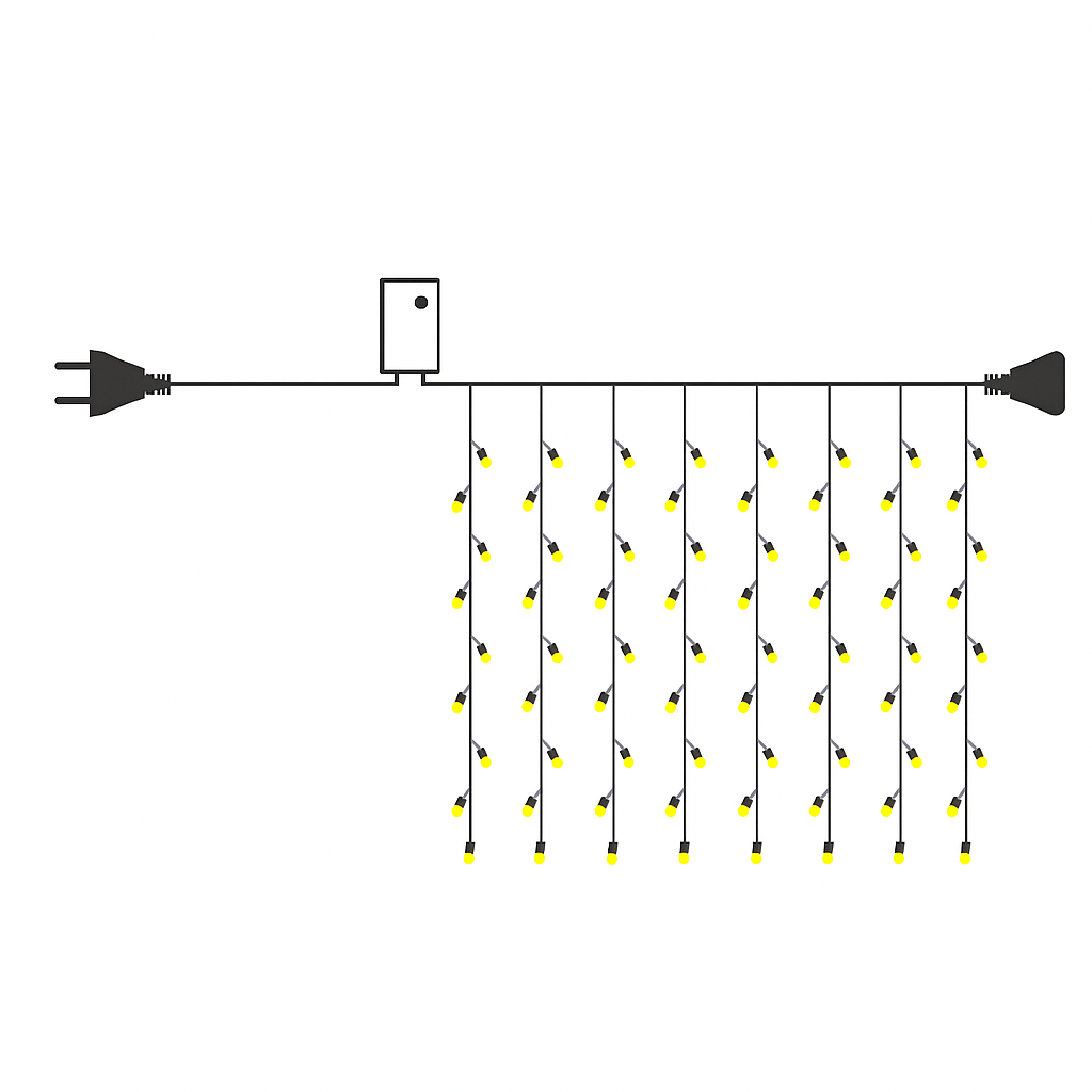 Diagram of a string of lights with a plug on a white background