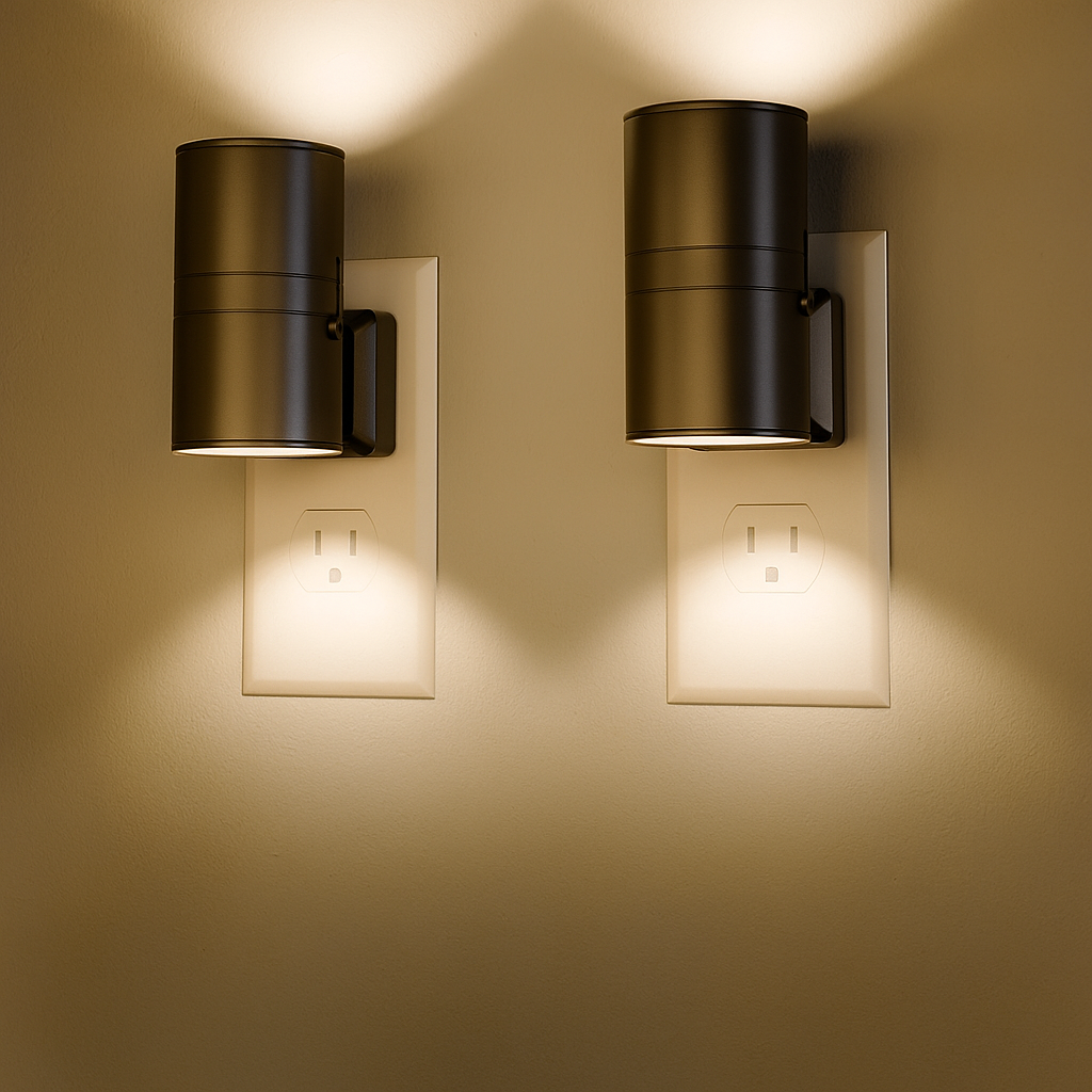 Two wall-mounted outdoor lights on a beige wall.