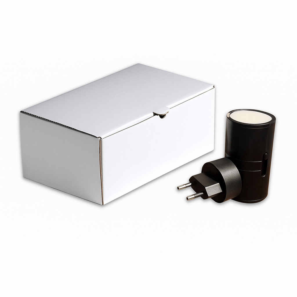 Silver rectangular block and black cylindrical device with plug on a white background