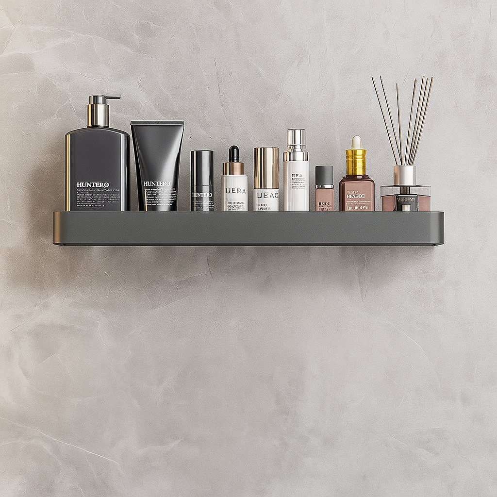 Shelf with skincare products on a neutral wall