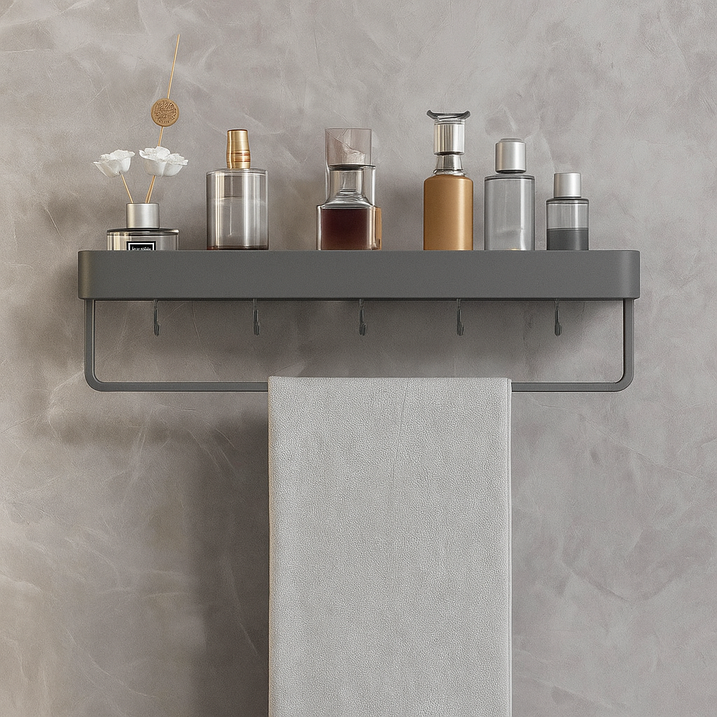 Gray shelf with decorative items against a gray wall