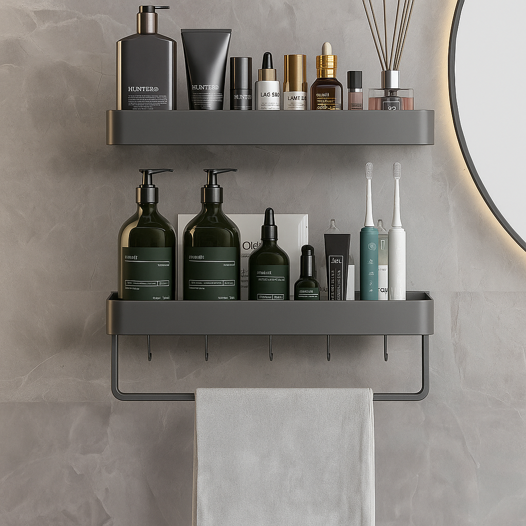 Bathroom shelf with various toiletries against a gray wall