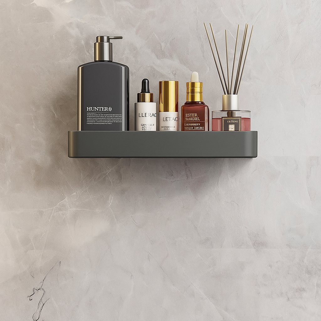 Set of skincare products on a gray shelf against a light gray wall