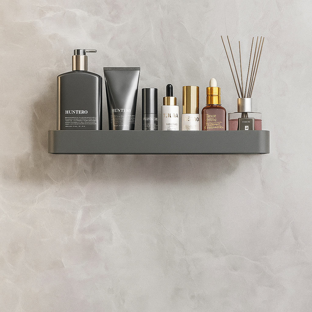 Shelf with skincare products against a neutral wall