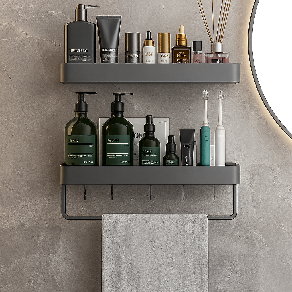 Bathroom shelf with various toiletries against a gray wall.