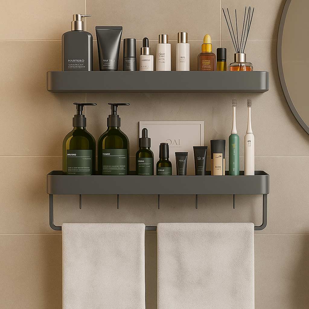 Bathroom shelves with various toiletries against a beige tiled wall.