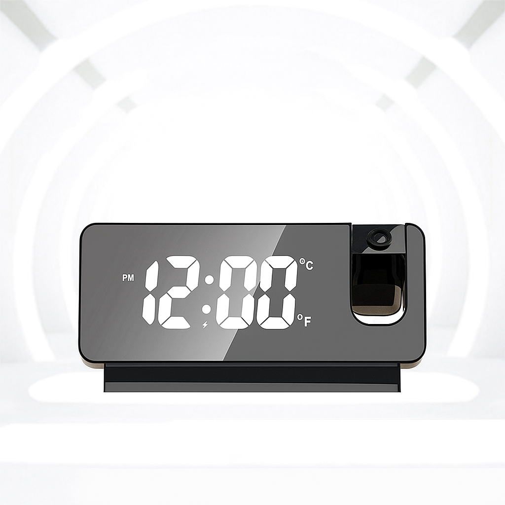Digital clock with temperature display on a white background