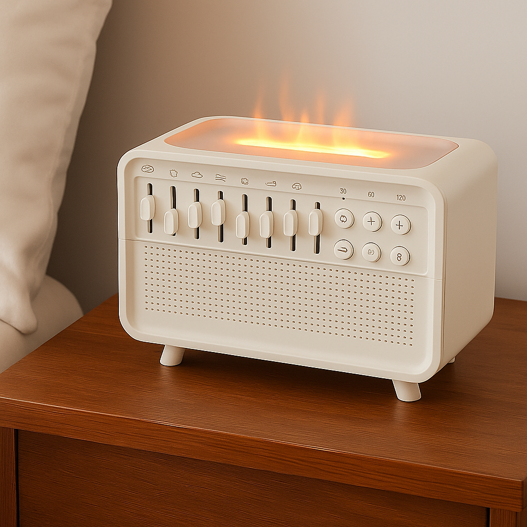 Vintage-style radio with flame effect on a wooden surface