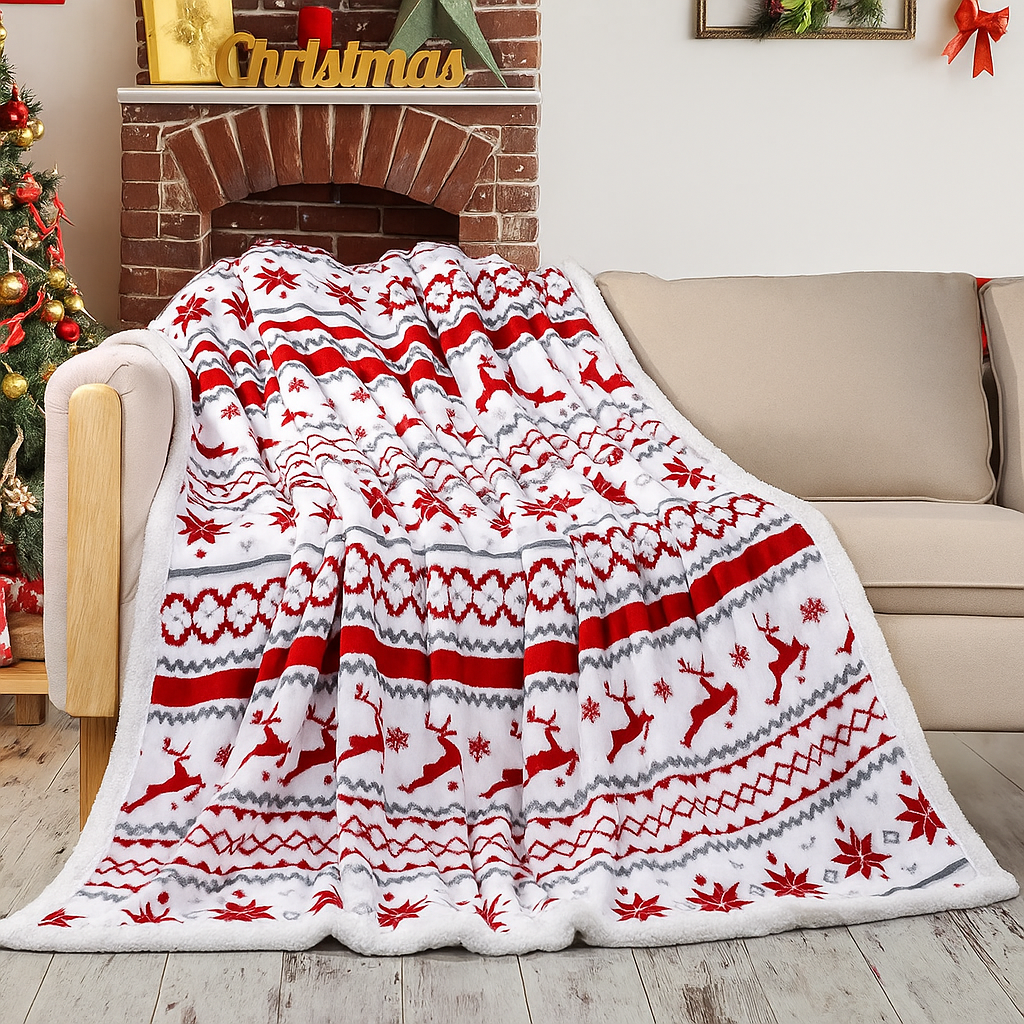 Decorative blanket with red and white pattern draped over a couch in a festive living room.