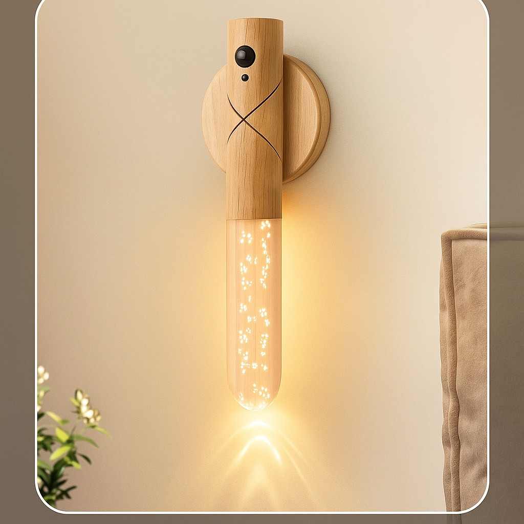 Wooden wall sconce with warm glow on a beige wall.
