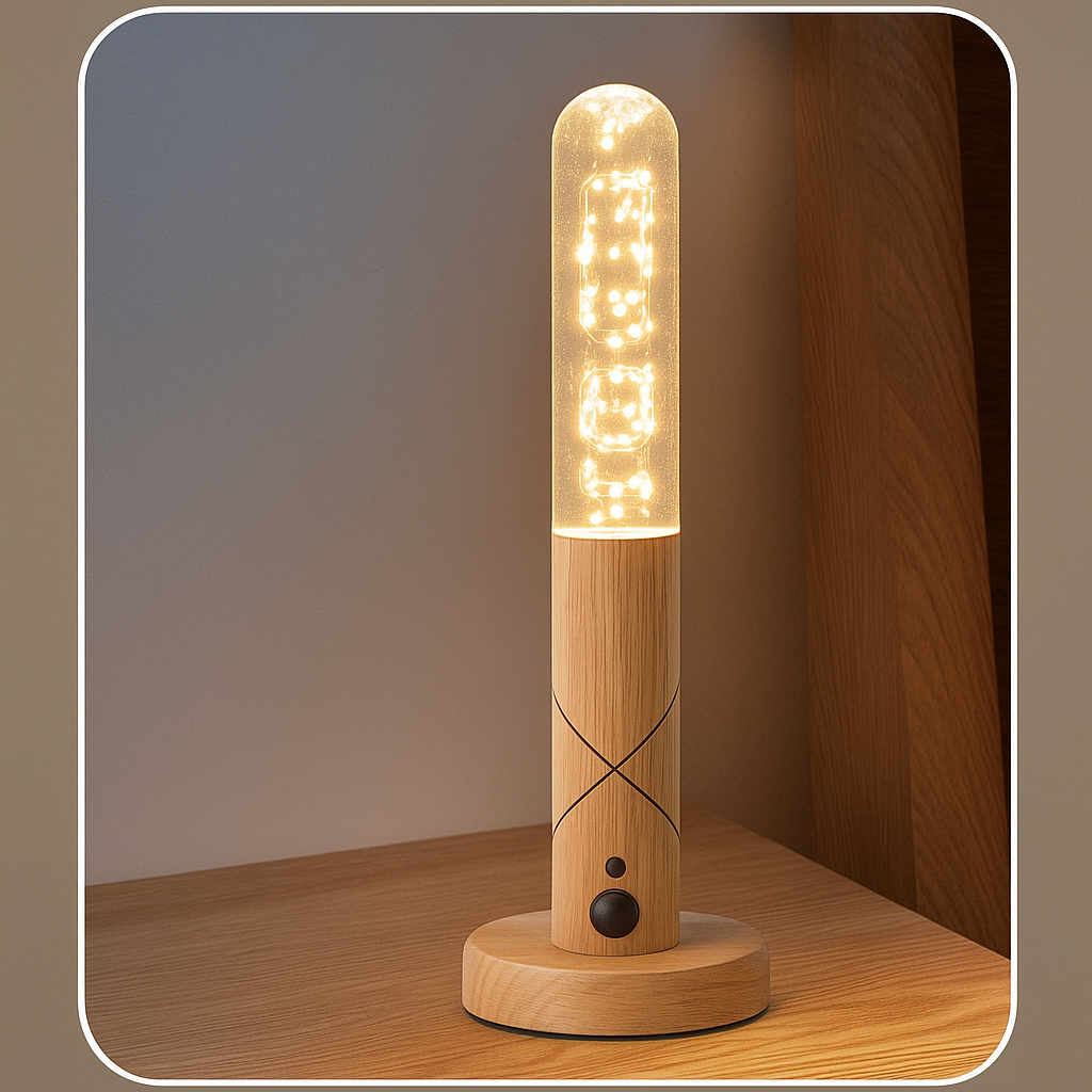 Wooden lamp with LED display on a wooden surface