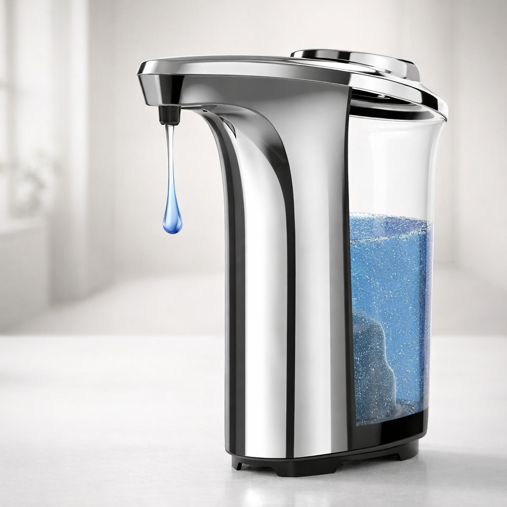 Modern soap dispenser with a clear container on a white background