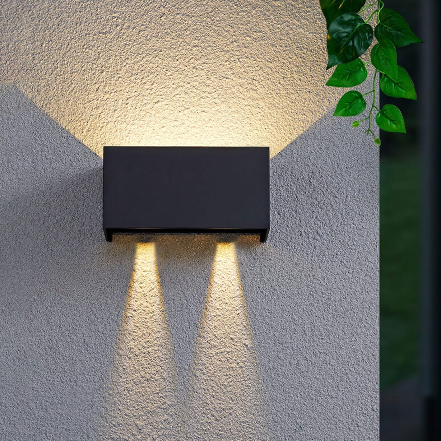 Black outdoor wall light fixture on a textured wall with a plant in the background