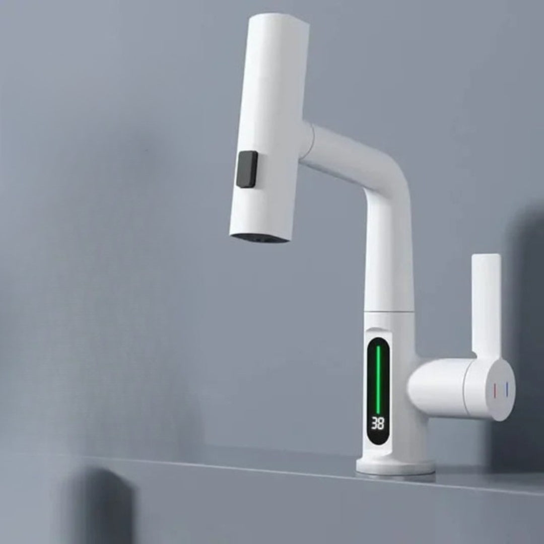 Modern white kitchen faucet with digital display on a gray background