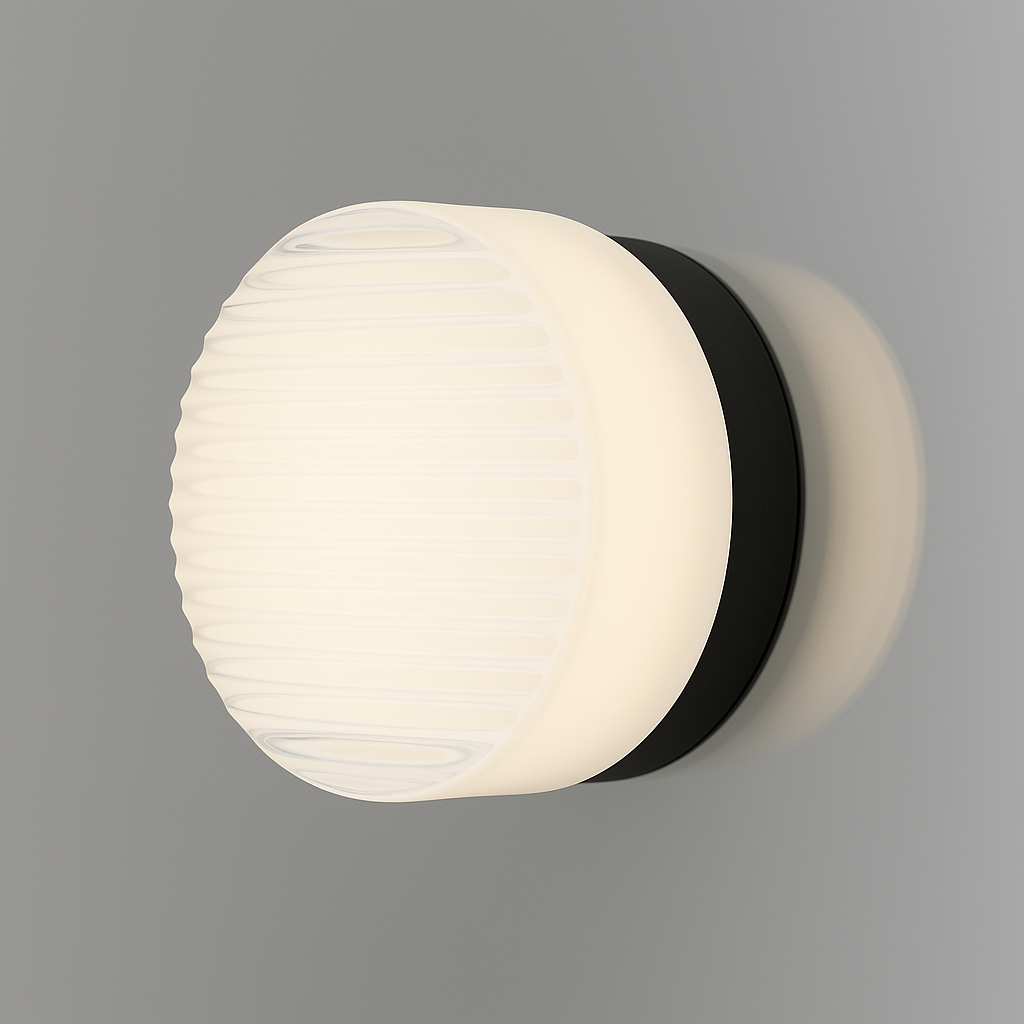 White with Black Base Round wall light fixture on a textured wall