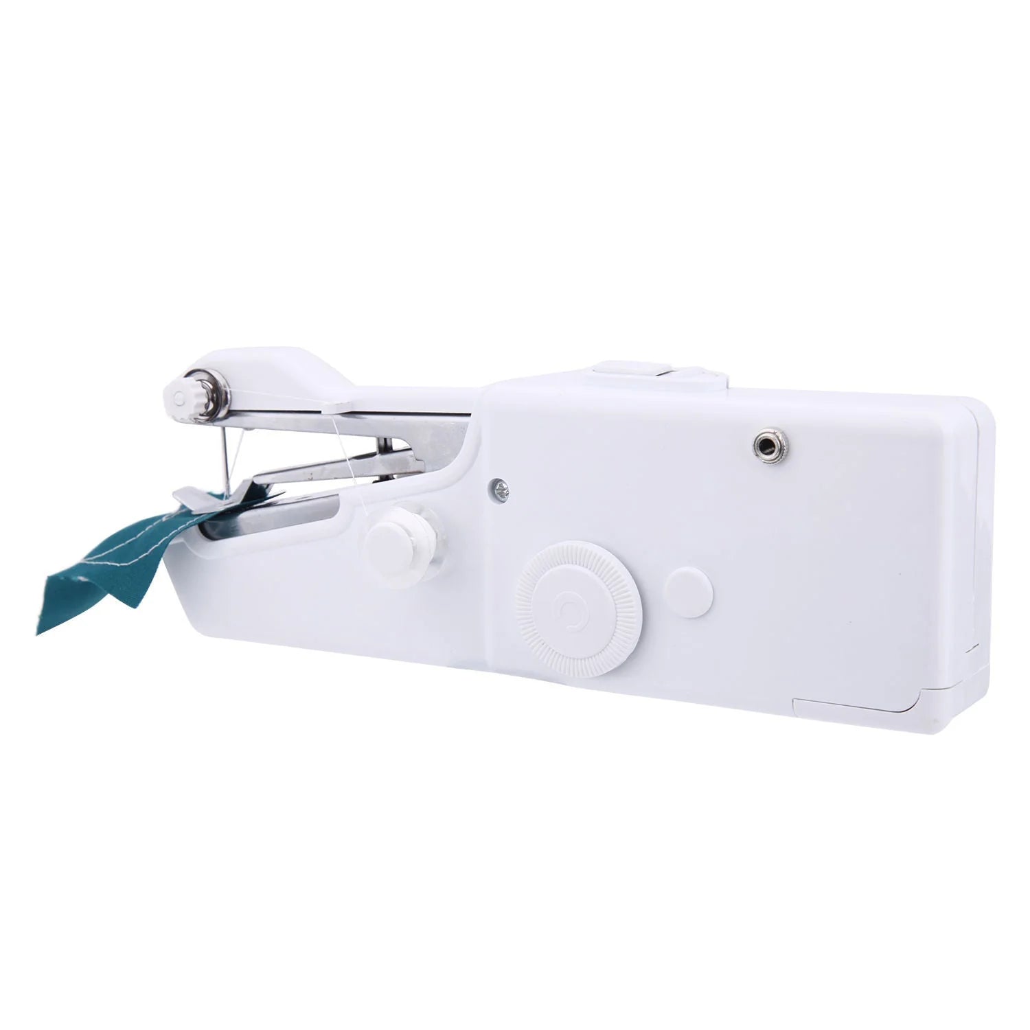 White handheld sewing machine with a blue thread on a white background