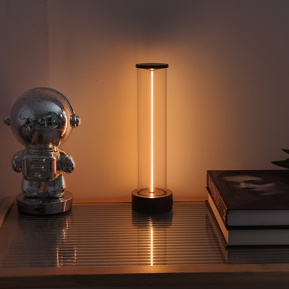 Small astronaut figure and glowing cylindrical lamp on a reflective surface with a warm background