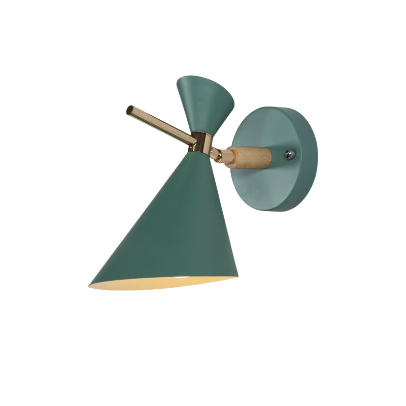 Green wall lamp with gold accents on a white background