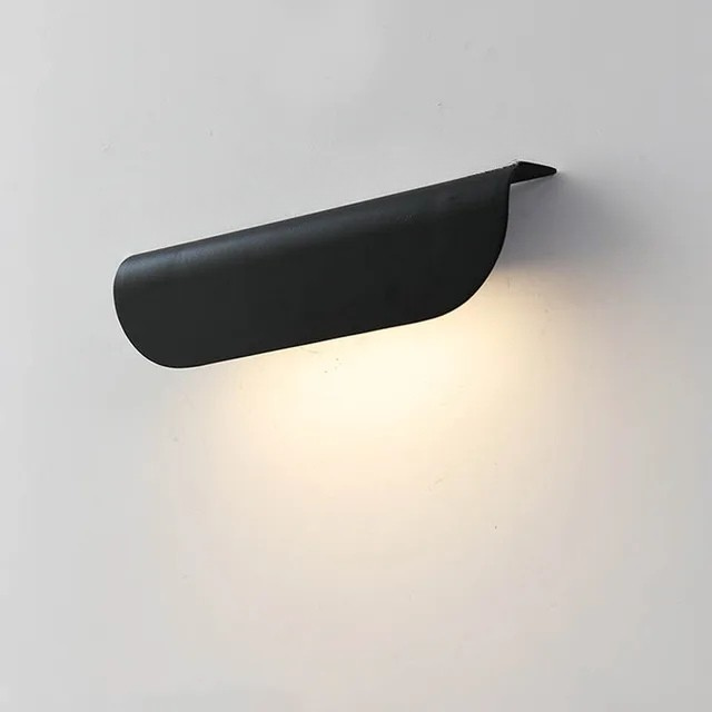 Black wall-mounted light fixture on a white wall