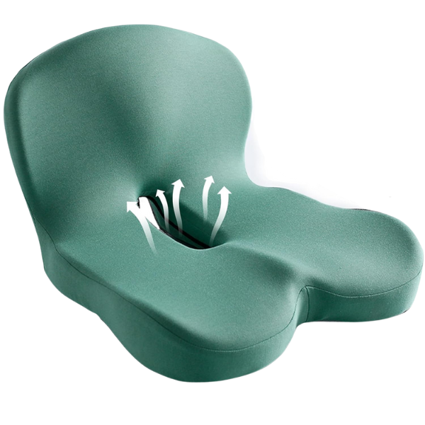 Green seat cushion with a hole for comfort on a white background