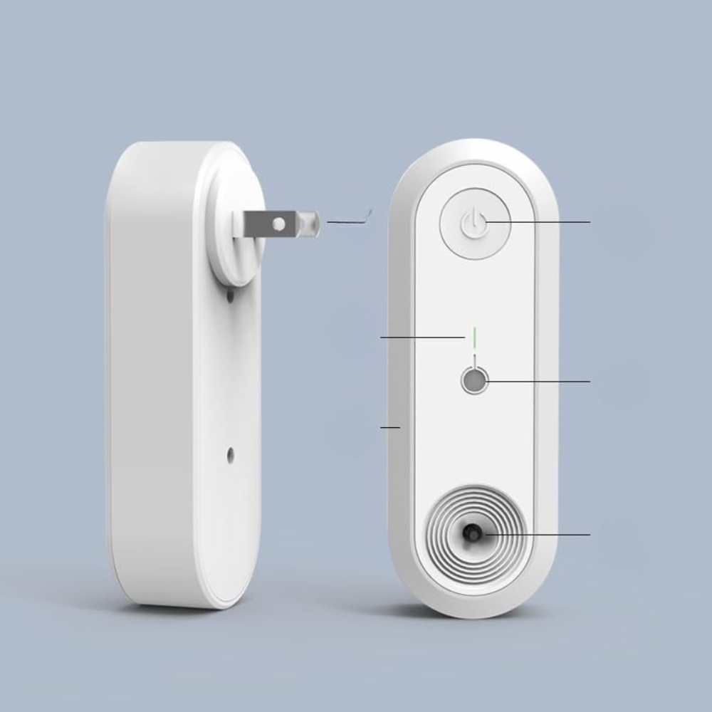 White electronic device with labeled parts on a gray background