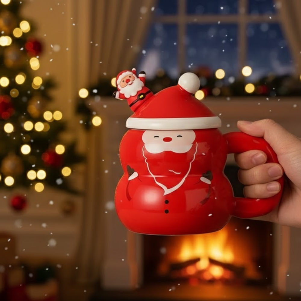 Red Santa Claus mug held by a hand with a festive background featuring a Christmas tree and fireplace.