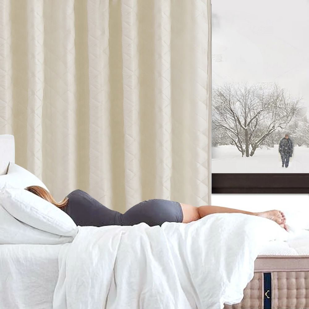Person lying on a bed with a snowy landscape outside the window
