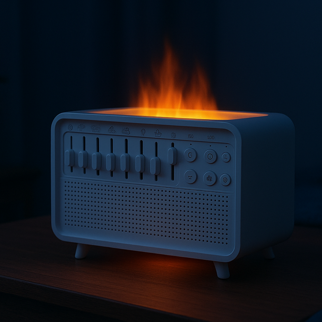 Modern toaster with flames on a dark background