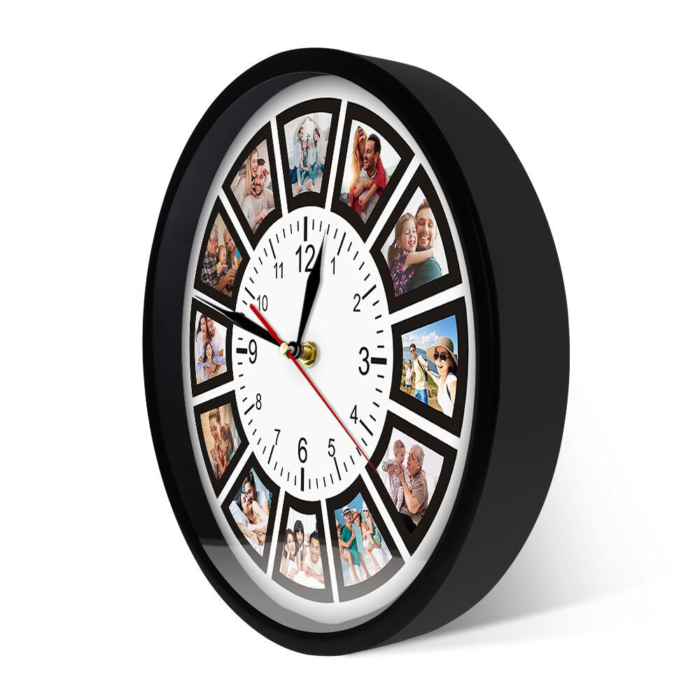 Wall clock with photo frames around the face on a white background