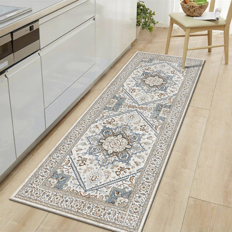Decorative runner rug on a wooden floor in a kitchen setting